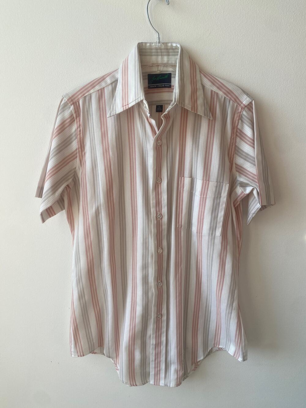 Vintage 70s Joe Namath Striped Shirt White Pink Gray Retro Arrow Collar Men's S